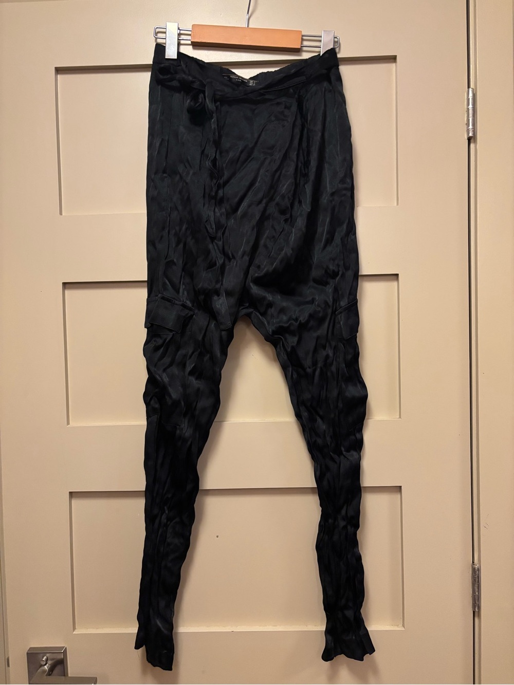 MANGO Satin Drop Crotch Crossover Cargo Slouchy Slim Taper Viscose Pant Tie